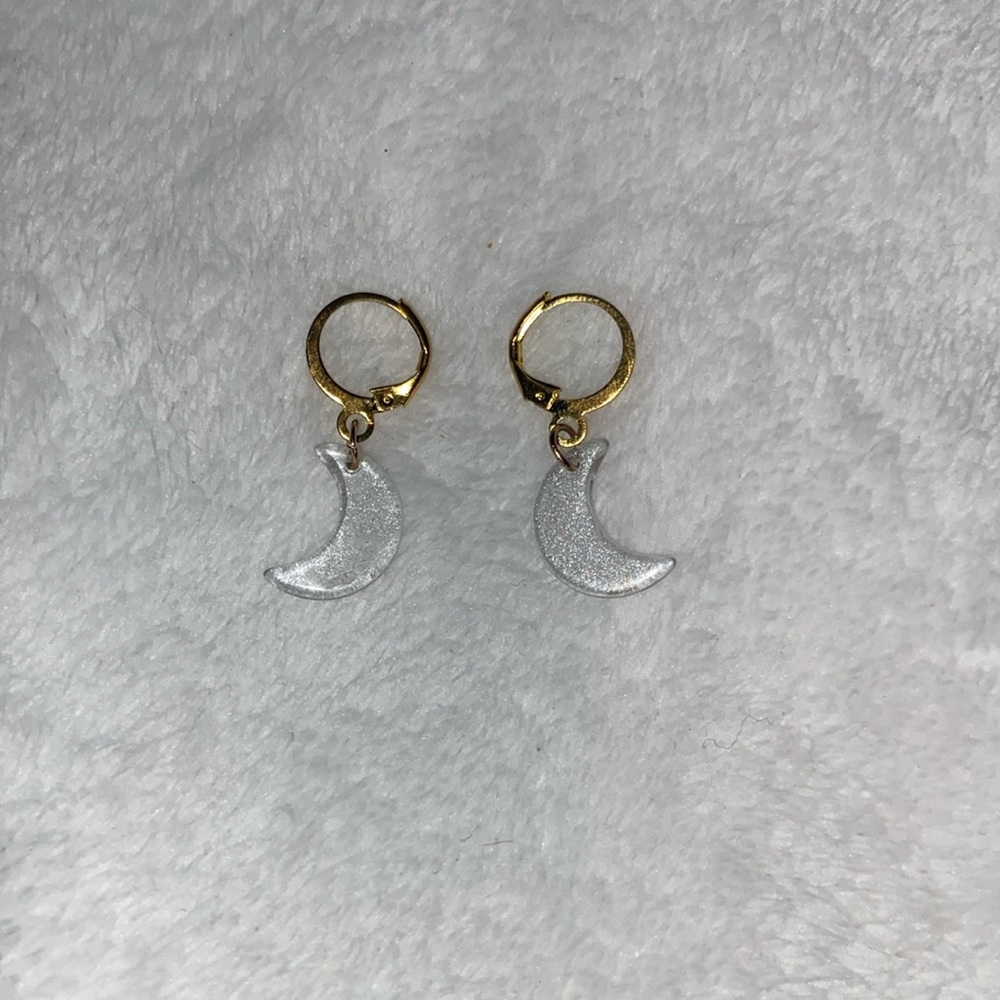 Clear silver glitter moon earrings